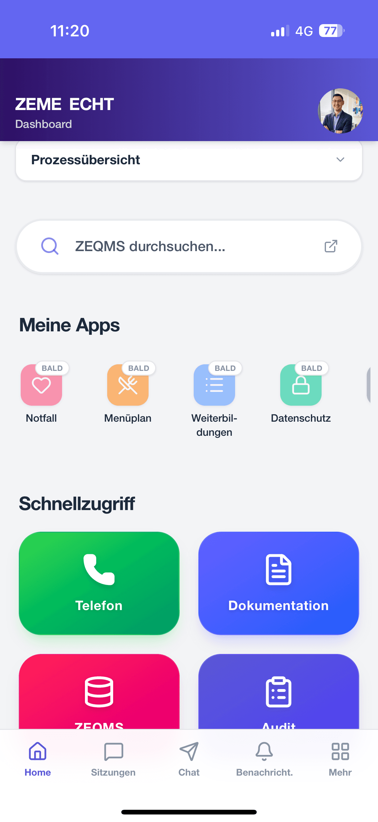 Kader-Board Dashboard mit Prozessübersicht, Suche und Schnellzugriff