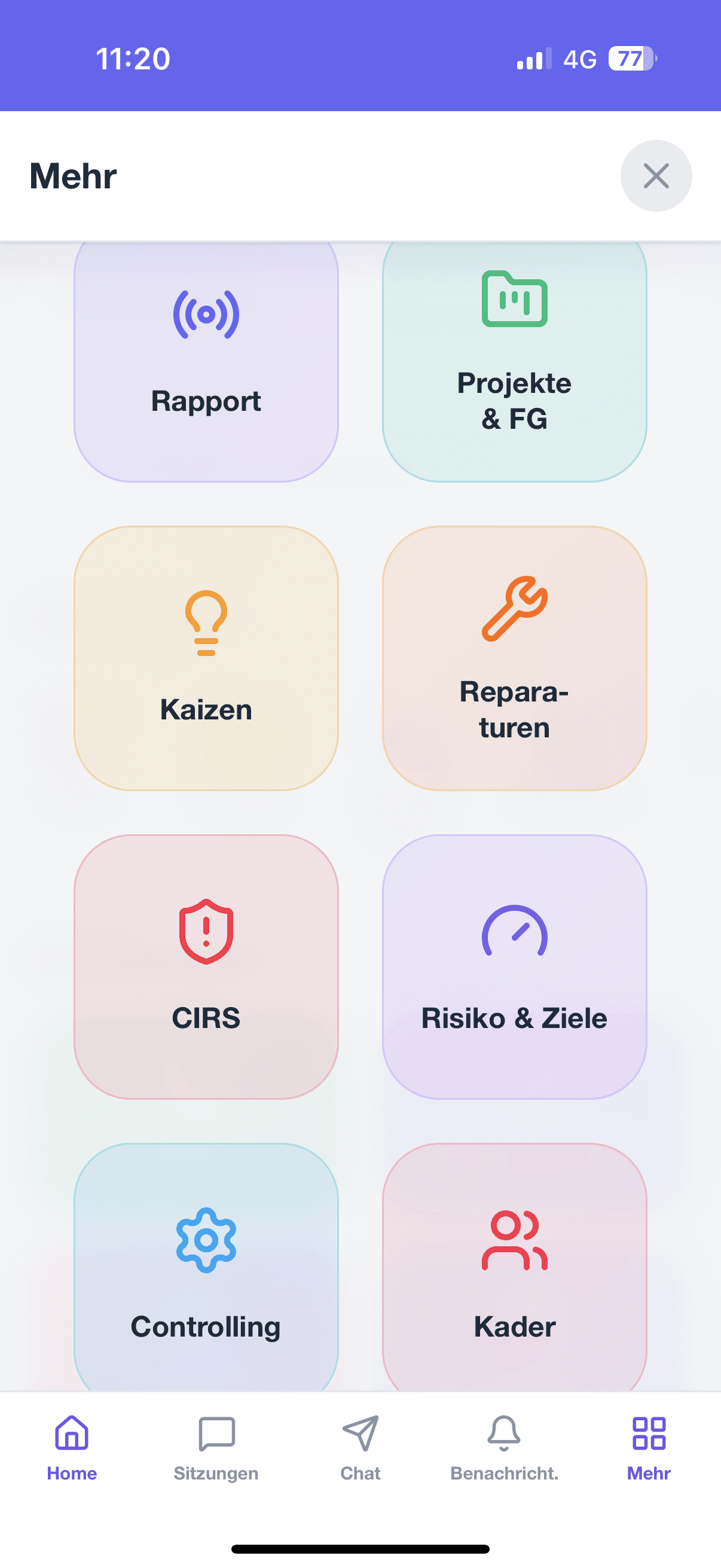 Kader-Board Module: Rapport, Projekte, CIRS, Reparaturen, Risiko & Ziele, Controlling