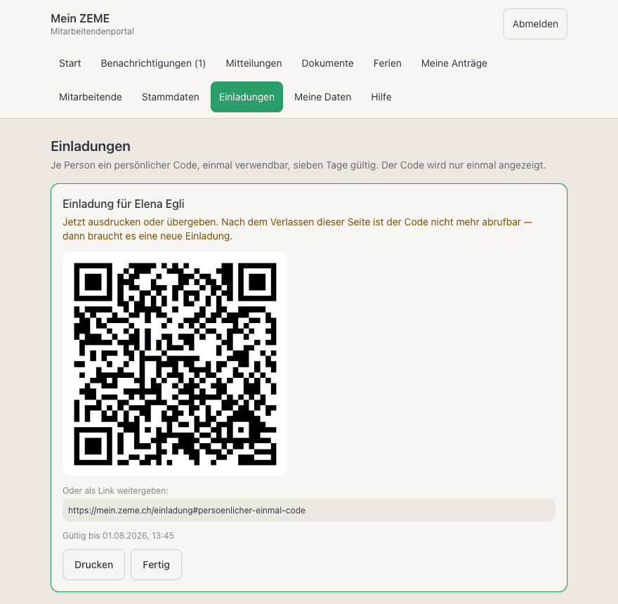 Mein ZEME Einladung mit QR-Code, einmal verwendbar und sieben Tage gültig