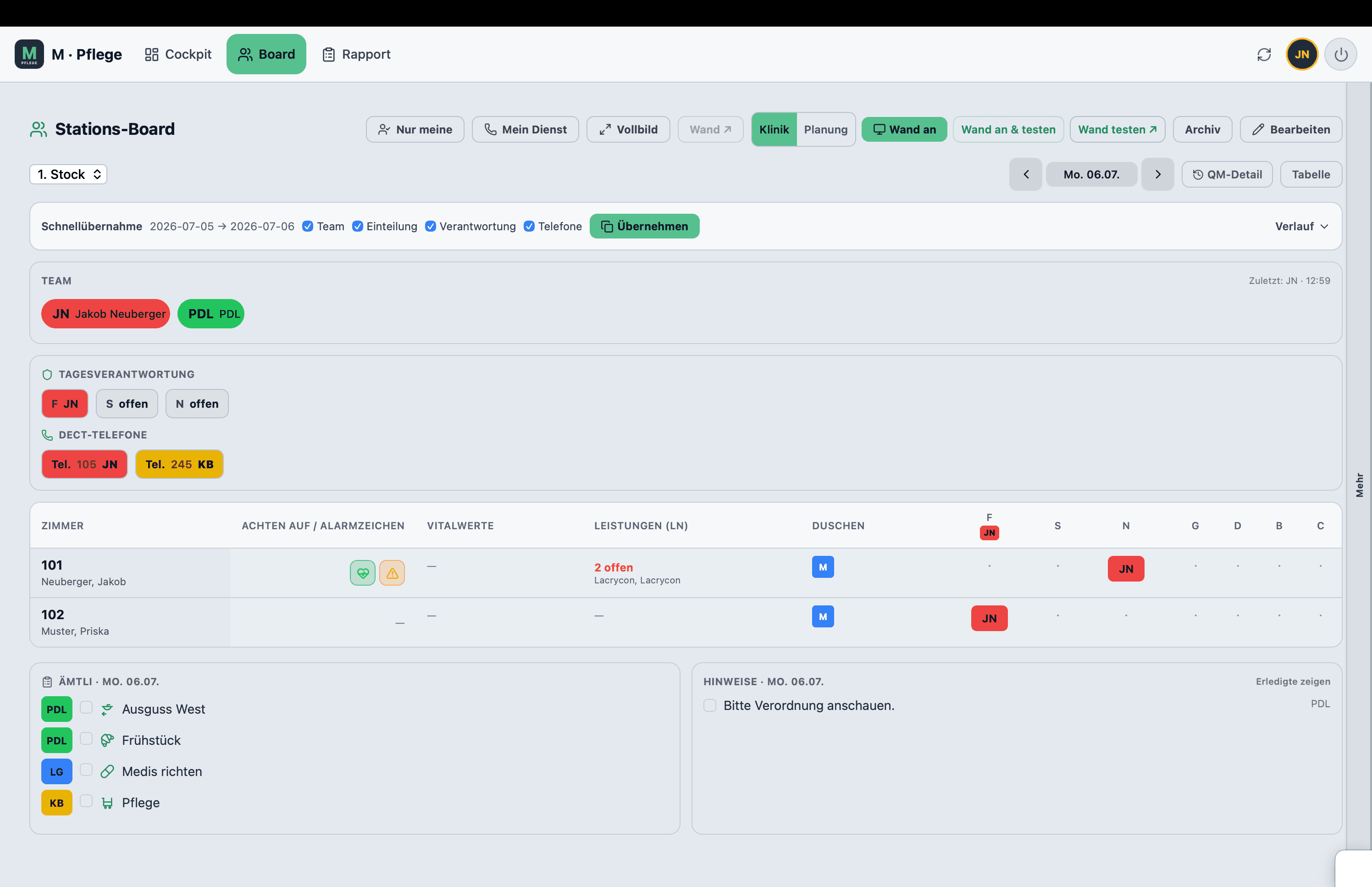 M·Pflege Stations-Board am Desktop — Team, Tagesverantwortung und Einteilung